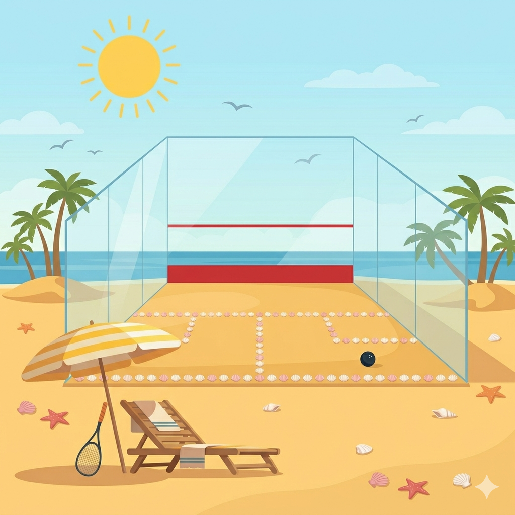 Illustration de la Summer Ligue : court de squash en verre sur la plage