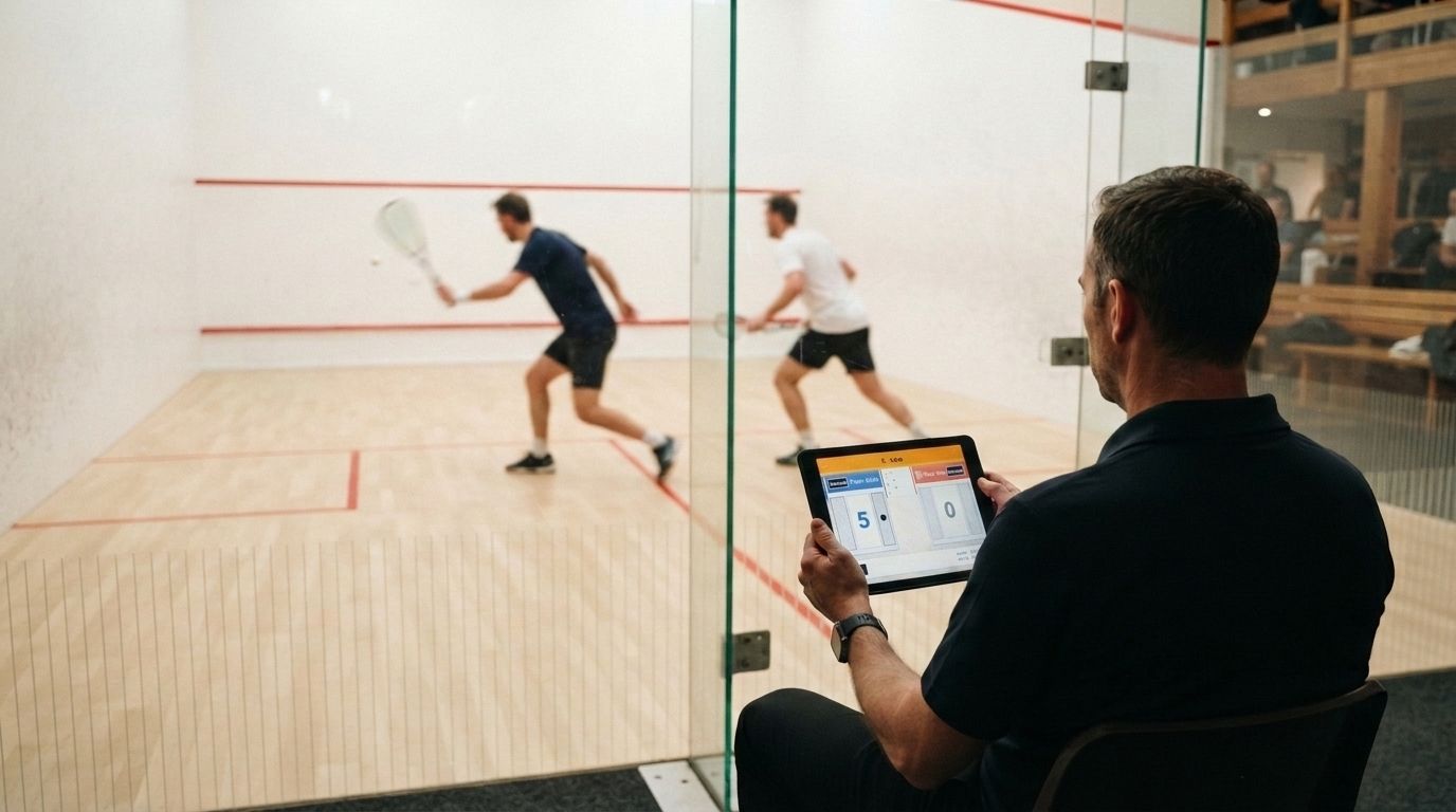 Un arbitre suit un match de squash derrière la vitre du court, une tablette affichant la Squash Ref App à la main