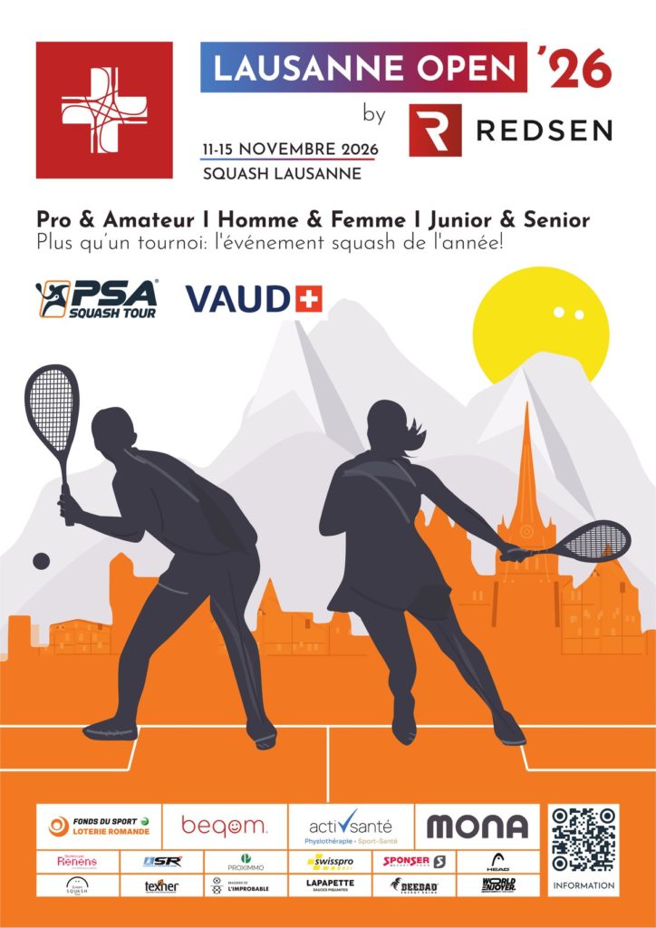 Affiche du Lausanne Open 2026 by Redsen : deux silhouettes de joueurs de squash devant les Alpes et la cathédrale de Lausanne, du 11 au 15 novembre 2026 à Squash Lausanne